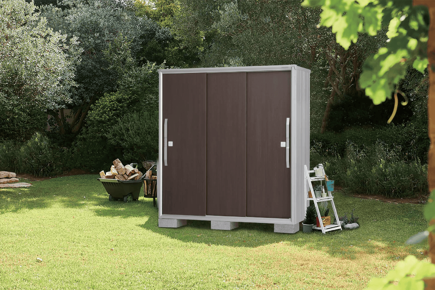 YODOKO Premium Outdoor Small Shed ESF in a garden, showcasing luxury design, durable steel construction, and smooth sliding doors.