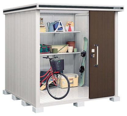 YODOKO LMDS outdoor storage shed interior with custom shelves, bicycle and sports gear - Wood Grain color