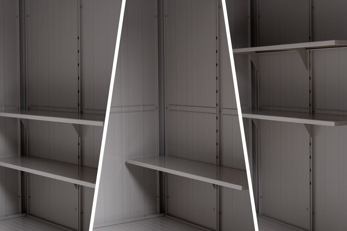 Yodoko shed interior shelves shown in 3 different arrangements